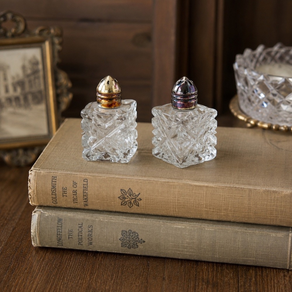 Vintage Mini Glass Salt and Pepper Shakers Japan Cut Glass Petite Table Decor